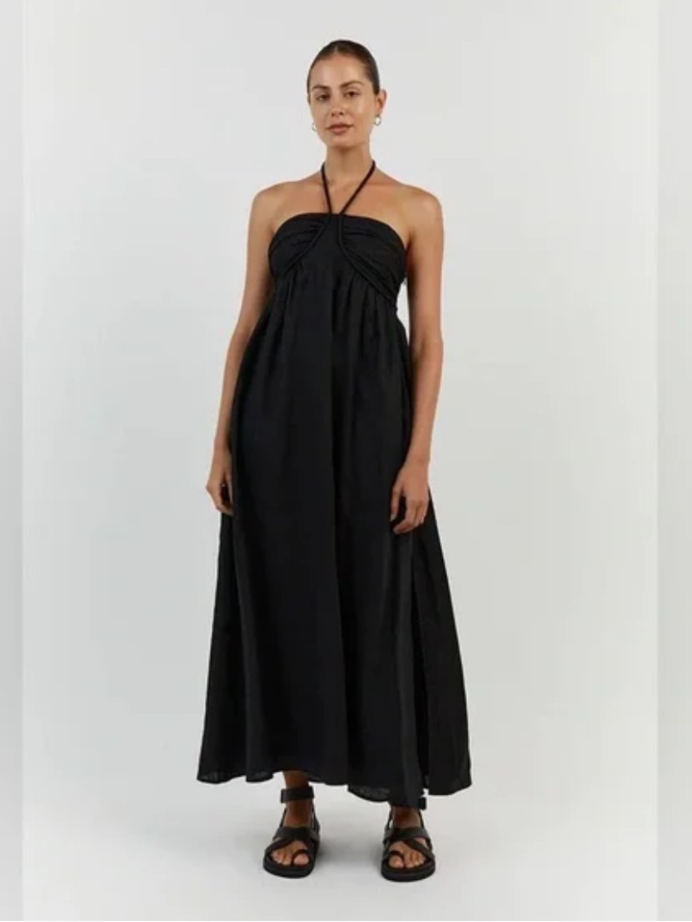 NWT DISSH Gina Black Gathered Linen Maxi Dress, Size 6